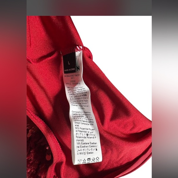 Red sequin Metallic and Faux feather mini dress with corset top - Picture 5 of 5